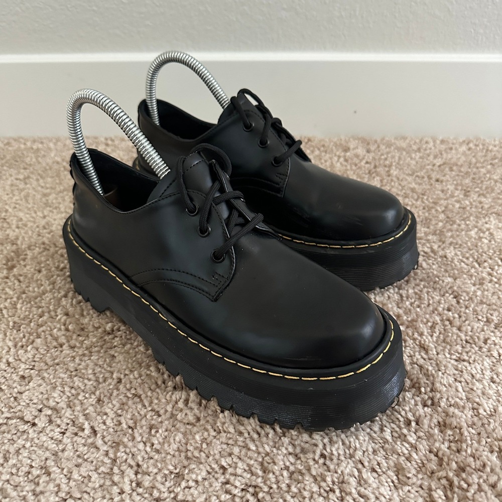 Chunky Lug Sole Platform Oxfords Women 37 Black Yellow Stitch Lace Up
